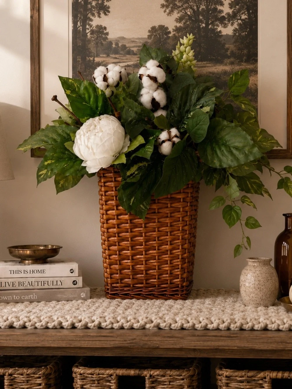 Handmade Wicker Wall Basket Faux Cotton Peony Botanical Floral Decor
